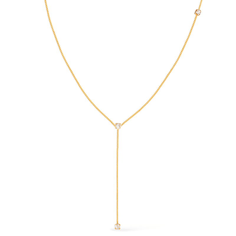 Colar Dourado Gravatinha com Pontos de Luz em Zircônia
